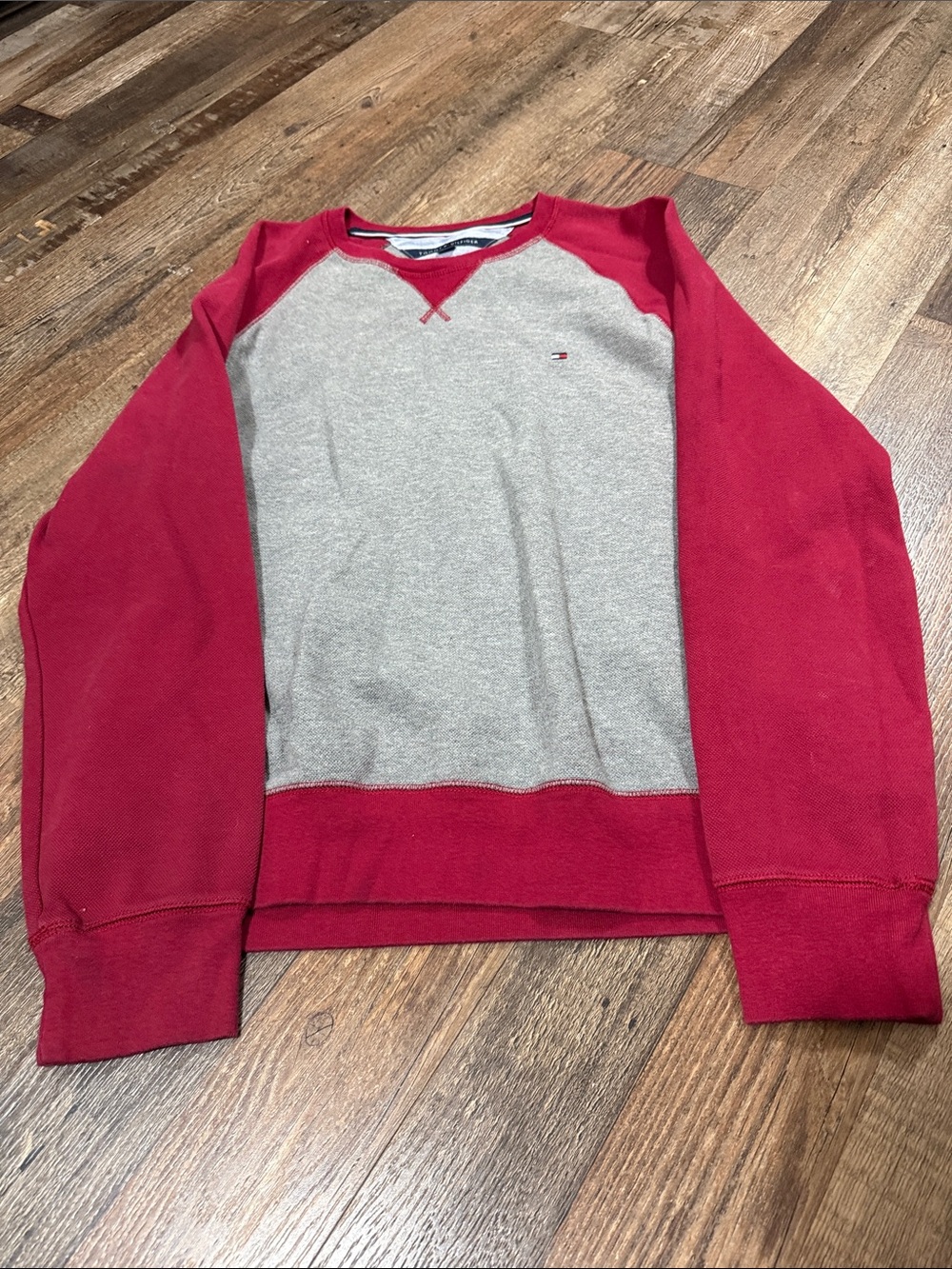 Tommy Hilfiger Gray Body with Red Raglan Crewneck Sweater